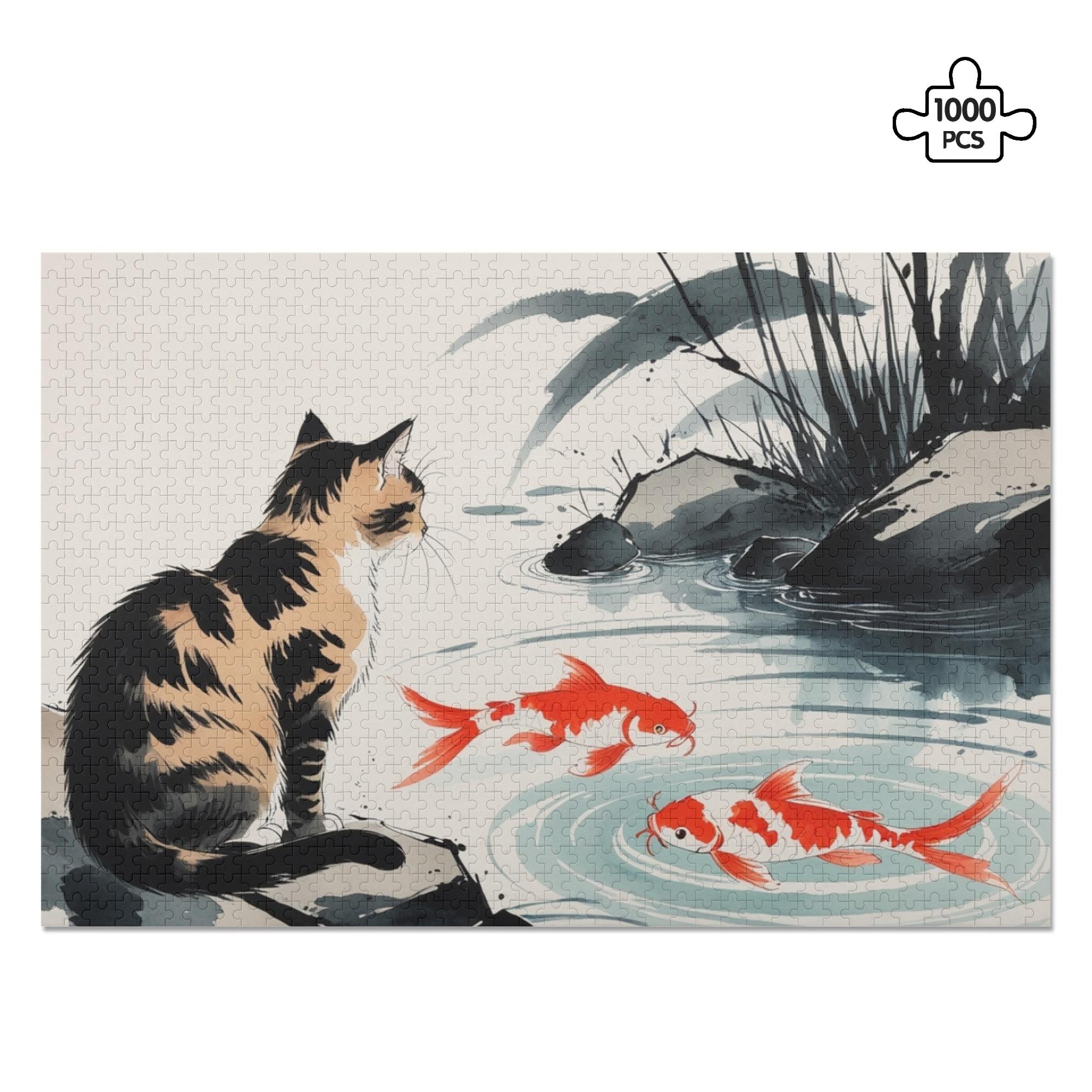 お得なクーポン 送料無料 水墨画風ブラウンタビー猫と鯉(ジグソーパズル1000ピース) ジグソーパズル1000ピース ユニセックス アクセサリー 動物 猫 パズル ギフト 贈り物 知育 頭の体操