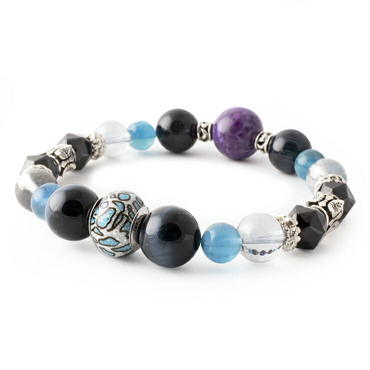 【一点もの】ベネチアンビーズ チャロアイト デザイン ブレスレット/ アクアオーラ 8月 ブラック ブラックスピネル ブルー ブルーフローライト ブルータイガーアイ(ホークスアイ) タイガーアイ ブレスレット 仕事運 運気 性別 星座石 誕生石