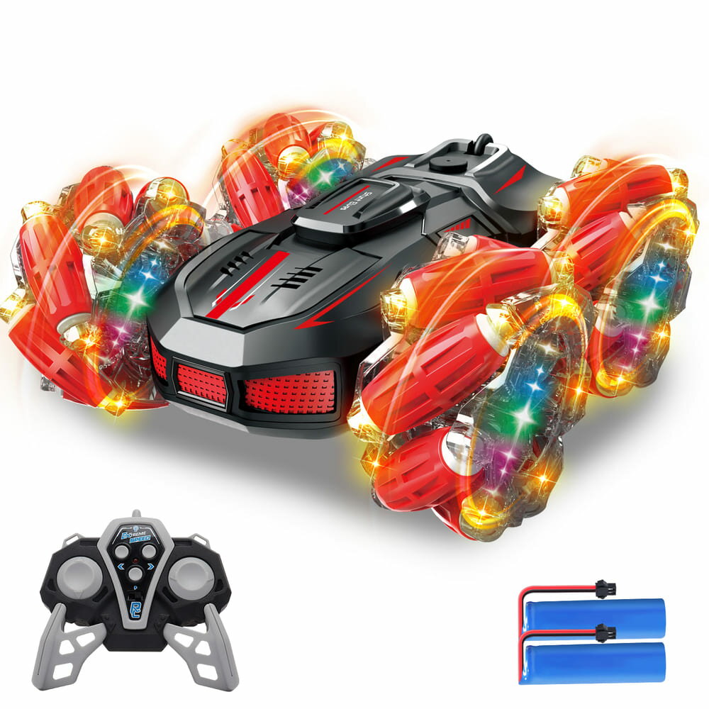 子供向け スタント おもちゃ ラジコンカー DEERC 4WD 両面走行 全方位ドリフト USB充電式 オフロード 360度回転 2.4GHz RCカー 操作時間50分 LEDライト 音楽機能 男の子 誕生日 プレゼント 国内認証済み