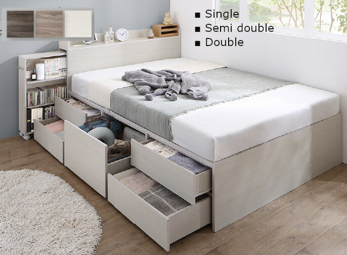 ベッド 大容量収納 引出し付き 大型収納ベッド 本棚付き シングル セミダブル ダブル フレーム