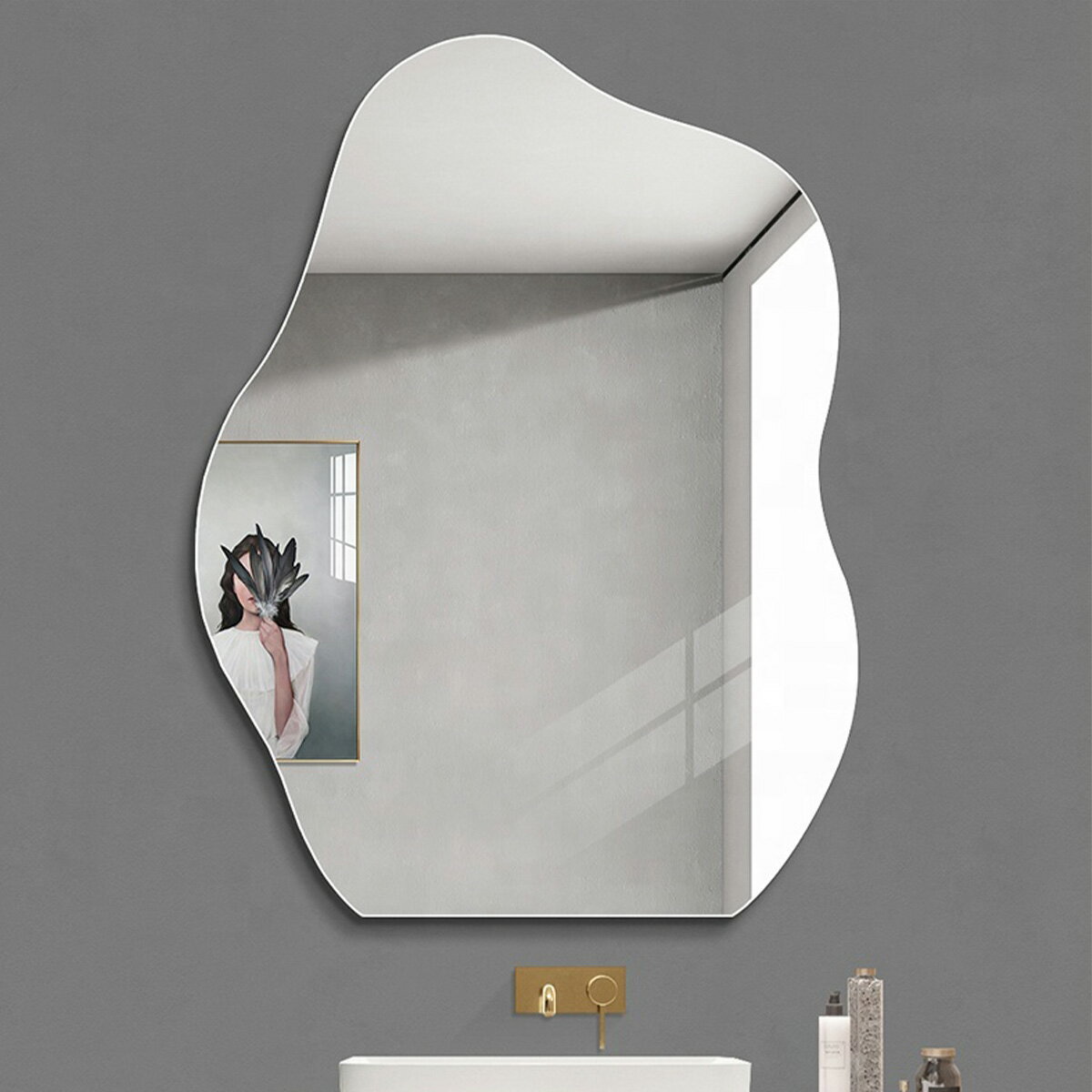 [小] VeroMan ウェーブミラー 壁掛け鏡 波×雲フォルム もこもこデザイン 洗面所・玄関・寝室対応 シンプル モダン 韓国インテリア [幅50cm×高さ70cm]