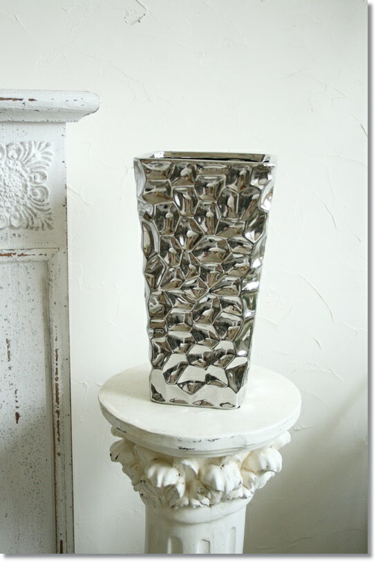 【送料無料】アンティーク風 雑貨 陶器 花瓶 モダンベース ブラックメタリック 巾16×奥行16×高さ30cm