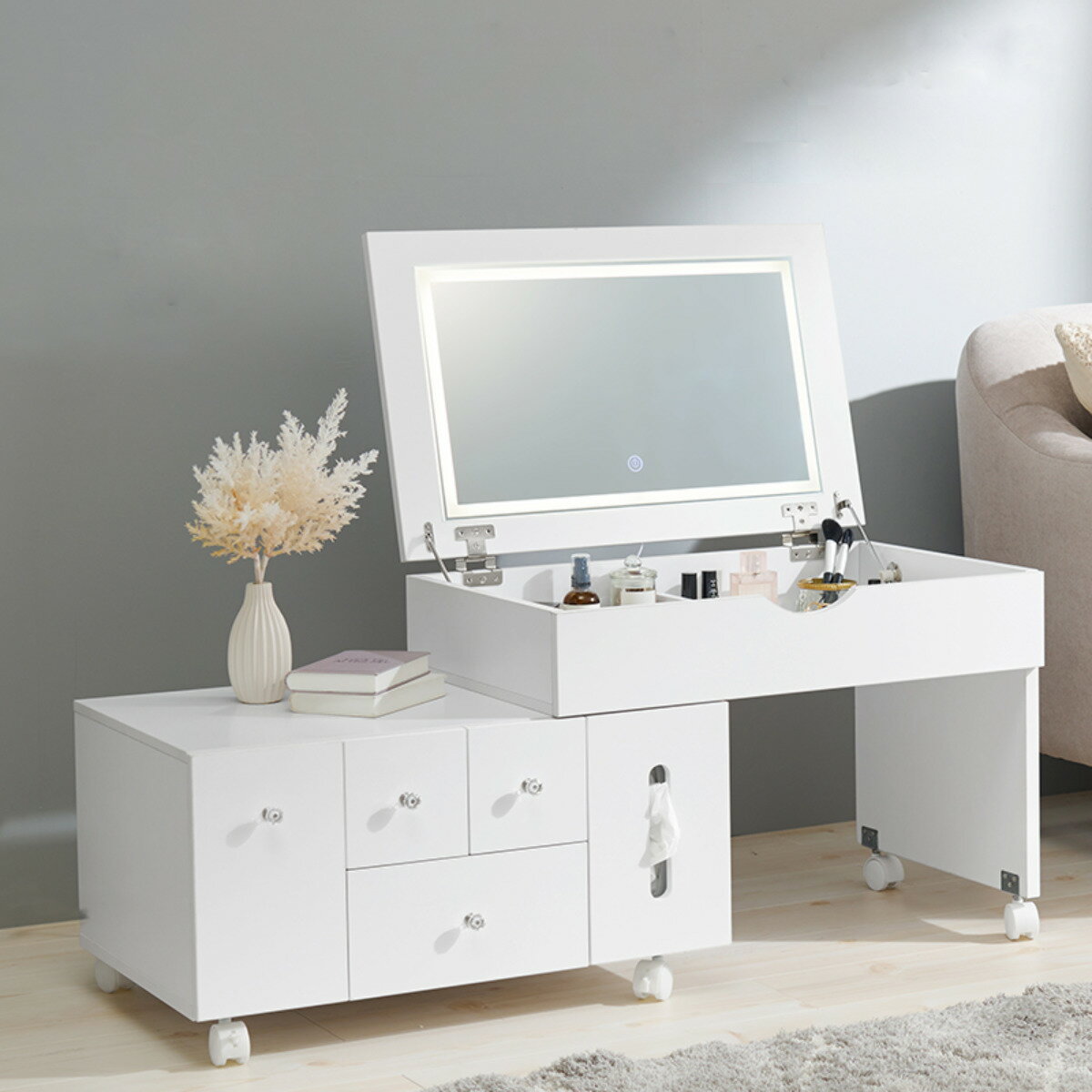 ドレッサー ワゴン 幅67〜122.5cm 伸縮式 ライト付き ( 鏡台 化粧台 LEDライト ロータイプ テーブル デスク 完成品 大容量 収納 白 ホワイト キャスター付き おしゃれ )