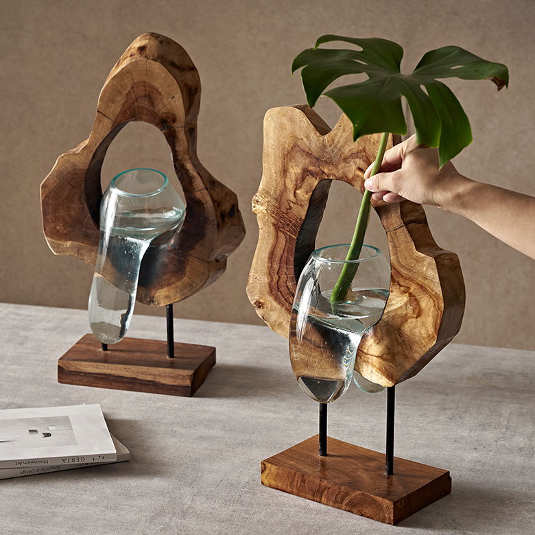 フラワーベース 木製 ウッド ガラス 花瓶 花びん 水入れ可 約 H 15〜25cm 花器 一輪挿し 花入れ 生花 花入 ディスプレイ 置き物 オブジェ テラリウム 容器 グリーン 園芸 観賞用 おしゃれ 北欧 リゾート 雑貨 インテリア アジアン [14056]