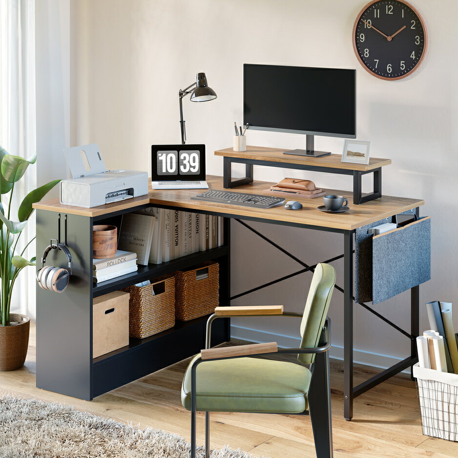 【15%クーポン 本日限定】＼翌日発送！／ユニットデスク l字デスク パソコンデスク 幅107cm 在宅勤務 デスク 勉強机 学習机 コンパクト 収納 机 pcデスク 収納袋付き LEDライト付き コーナーデスク ワークデスク 左右入替可 おしゃれ ビンテージ デスク モニター台付き 机