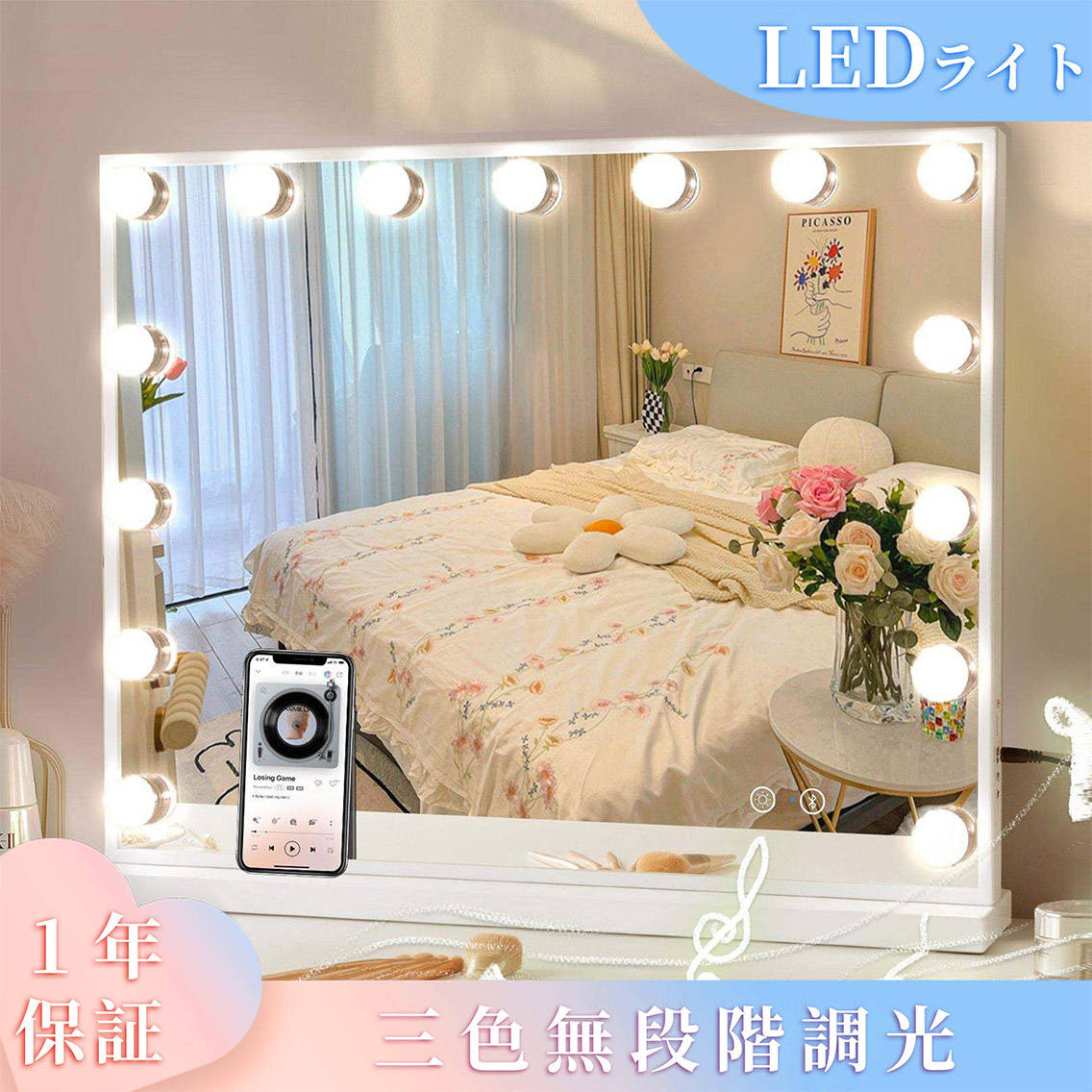 FENCHILIN 一年保証 女優ミラー プレゼント 強化ガラス 3色照明モード 明るさ調節可能 卓上・壁掛け両用 10倍拡大鏡付き 一年保証