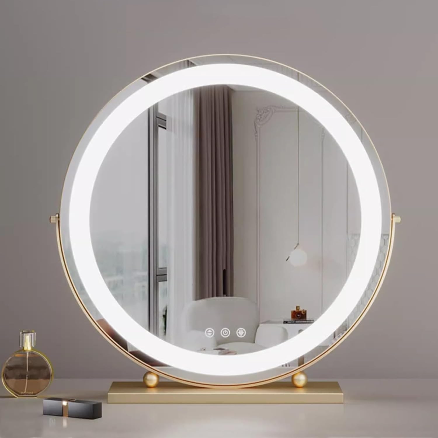 化粧鏡 卓上鏡 女優ミラー ドレッサー鏡 丸 卓上 照明付き 明るさ無段階調整 三色照明モード 高輝度LED メイクミラー 鏡台用ミラー 30cm/40cm/50cm 大型 丸型 大きめ 化粧ミラー 北欧風 ハリウッドミラー 寝室化粧台鏡 おしゃれ 可愛い 360度回転