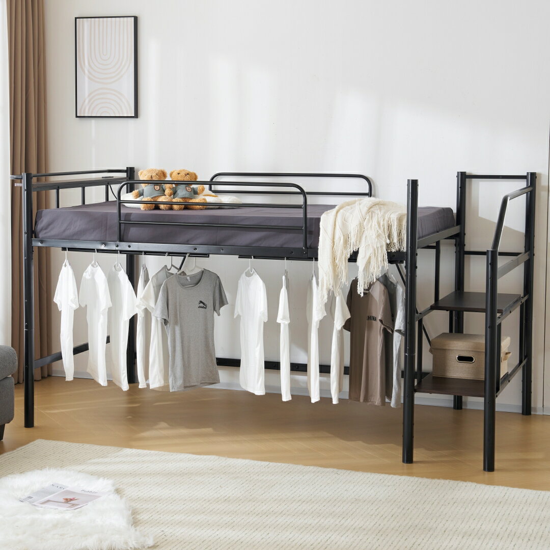 ロフトベッド パイプベッド 階段付き ミドルタイプ シングル 耐荷重150kg 高さ130cm コンセント付き ハンガ4本付き 左右交換 高いベッド ハイベッド ロフトベッドロータイプ 棚 収納 北欧風 二段ベッド 大人 一人暮らし 子供部屋 スチール 耐震 ベッド