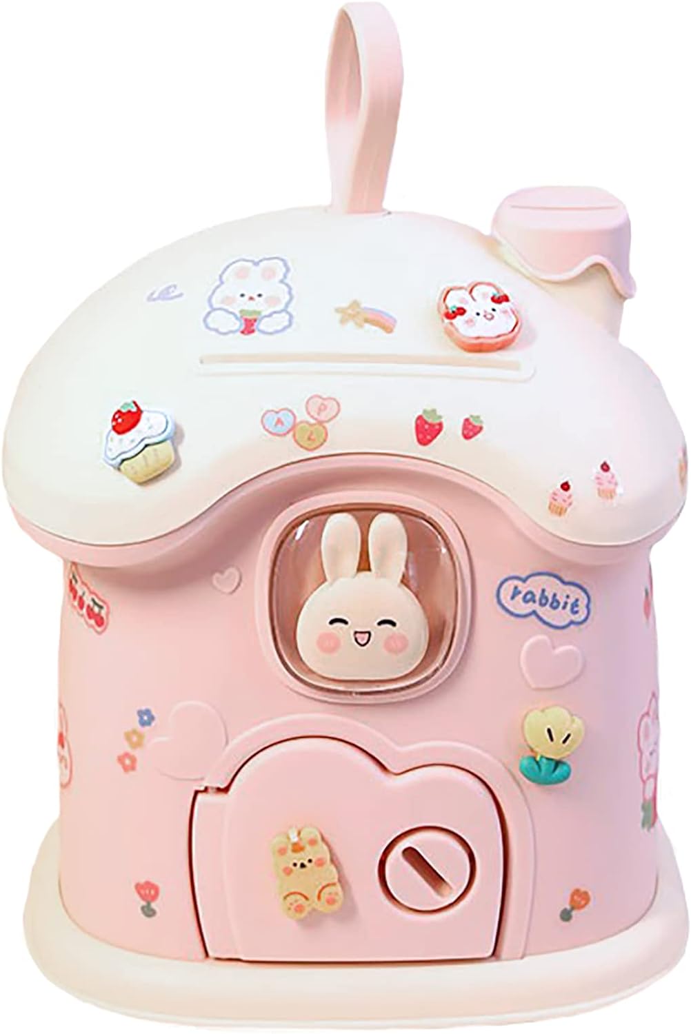 貯金箱 お札 かわいい いうさぎの形 DIY可能 3D 動物 シール付き 鍵付き 手提げ貯金箱 硬貨 折らずに入る 紙幣 両用 女の子 男の子 おしゃれ 子供用 小銭ボックス 家型