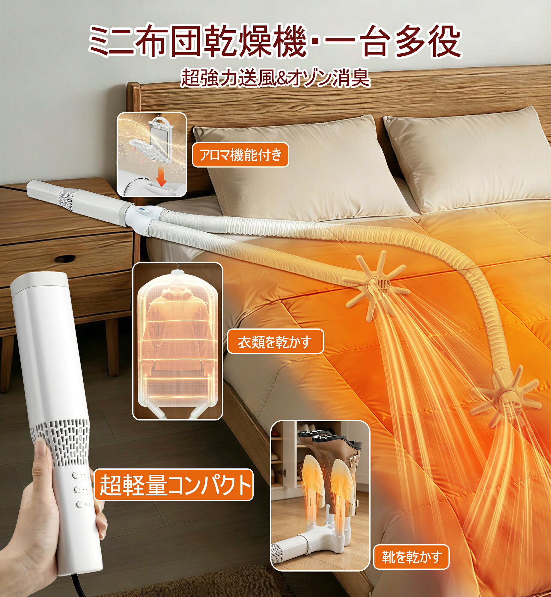 布団乾燥機 ミニ乾燥機 1台多役乾燥セット 衣類乾燥機 衣類乾燥袋付き ふとん乾燥機 靴乾燥機 布団かんそう 速暖 ダニ 消臭 湿気/梅雨/花粉/ニオイ対策 アロマ対応 小型 コンパクト PSE認証済み 省エネ 操作簡単収納便利 旅行/出張大活躍