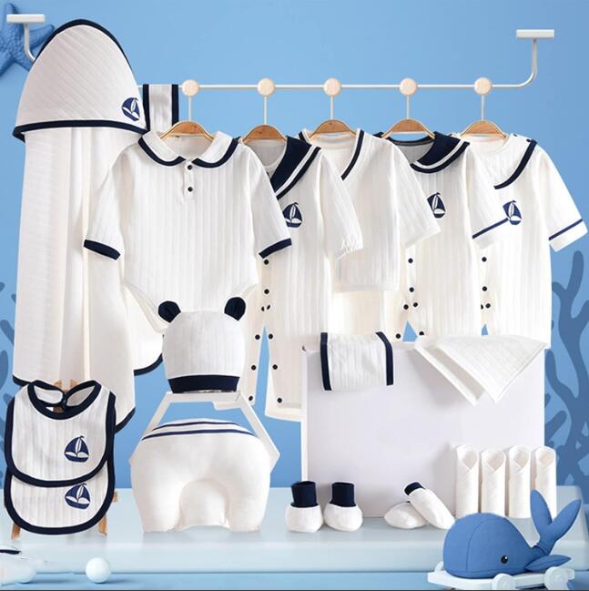 ベビー服 新生児服 セット プレゼント ボディースーツ 出産祝い 23点セット 帽子 ロンパース 手袋 靴下 枕 タオル 肌着 ギフトセット セーラー服 前開き 可愛い 柔らかい 綿 誕生日 退院祝い 出産準備セット 男女兼用 四季活躍 0-3月 59cm　3-6月 66cm