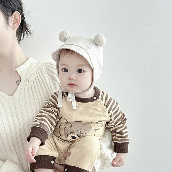 春夏秋冬オールシーズンくまちゃんボンネット帽子 ベビー 赤ちゃん 男の子 女の子 お宮参り 退院 出産祝い 記念日 ベビー 新生児 子ども プレゼント ギフト 晴れ着 写真撮影 退院着 お食い初め 御祝 お祝い 韓国子供服 韓国風 春 夏 秋 冬 紫外線 UVカット ナチュラル