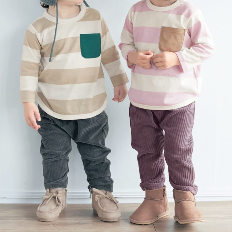 【ミテテ/mitete】ポケット配色 ボーダー 長袖 Tシャツ ◆ 80 90 95 ◆ ◇ ベビー服 男の子 女の子 春 秋 初夏 ベビー トップス ベビーTシャツ カットソー 服 男女兼用 おしゃれ かわいい 長袖Tシャツ