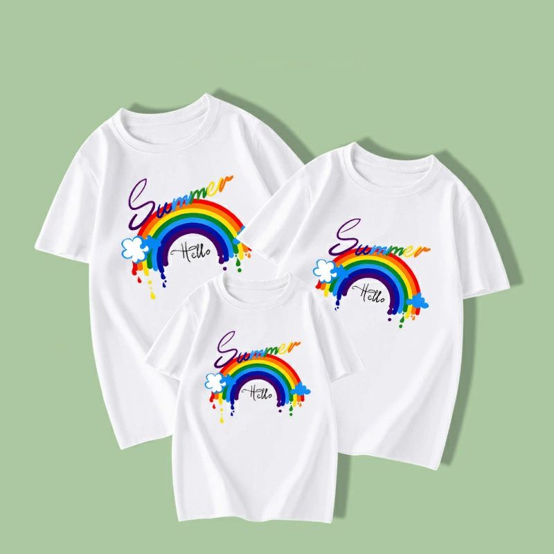 コーデ 半袖 ペアtシャツ 親子ペアルック 赤ちゃん 親子コーデ 夏服 カジュアル シンプル レインボー ペア tシャツ ペアルック