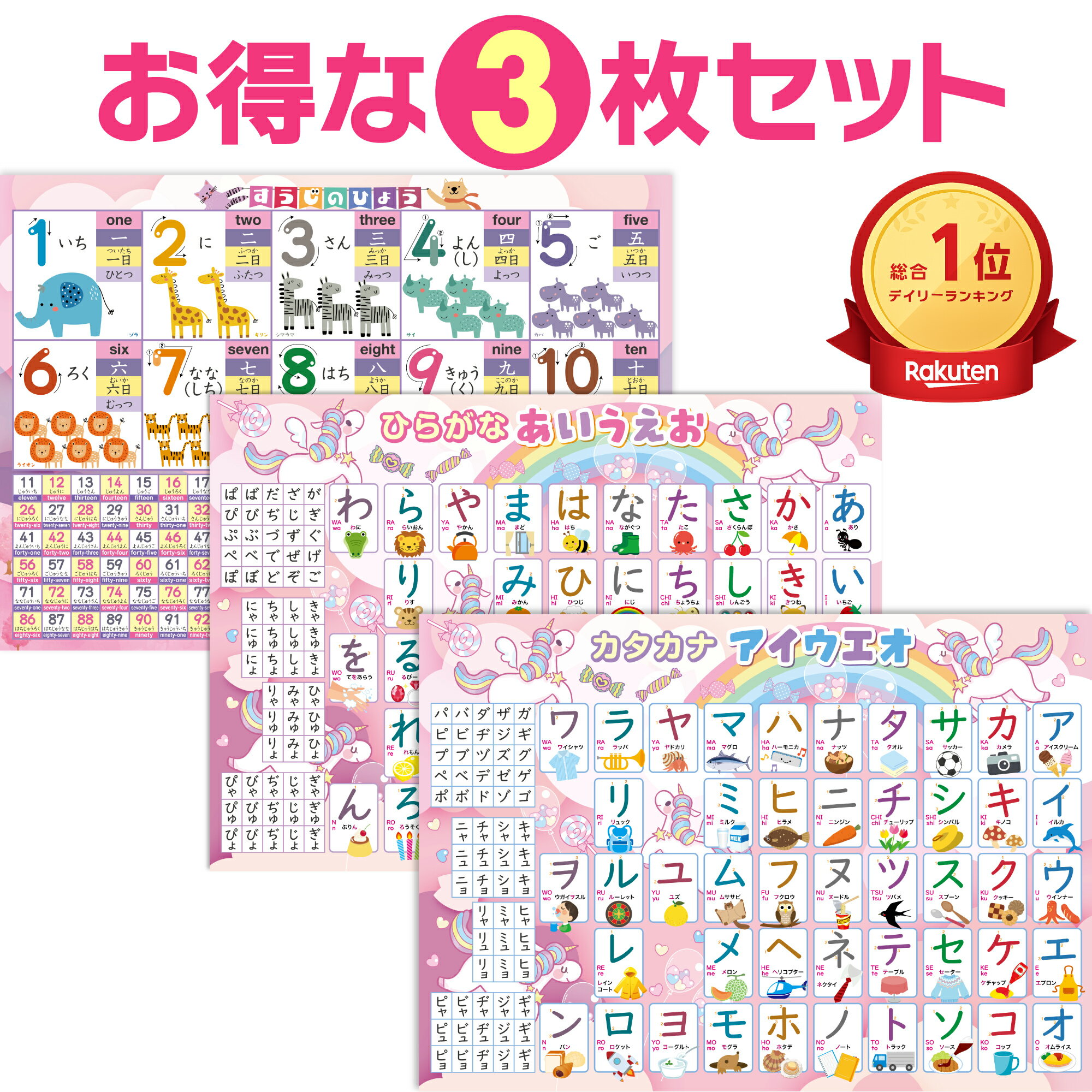 お風呂の学校 セット価格 すうじのひょう（動物）／ひらがなとカタカナ（ユニコーン）お風呂ポスター2種類セット 日本製 数字 文字 お受験 学習 知育 B3サイズ 防水