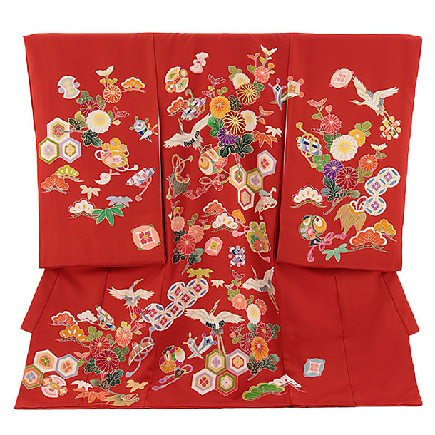 お宮参り 産着 レンタル 女の子 女児産着 お宮参りレンタル2193【正絹】赤地 菊に鶴 女児 祝着 初着セット 記念撮影 赤ちゃん 往復送料無料【レンタル】
