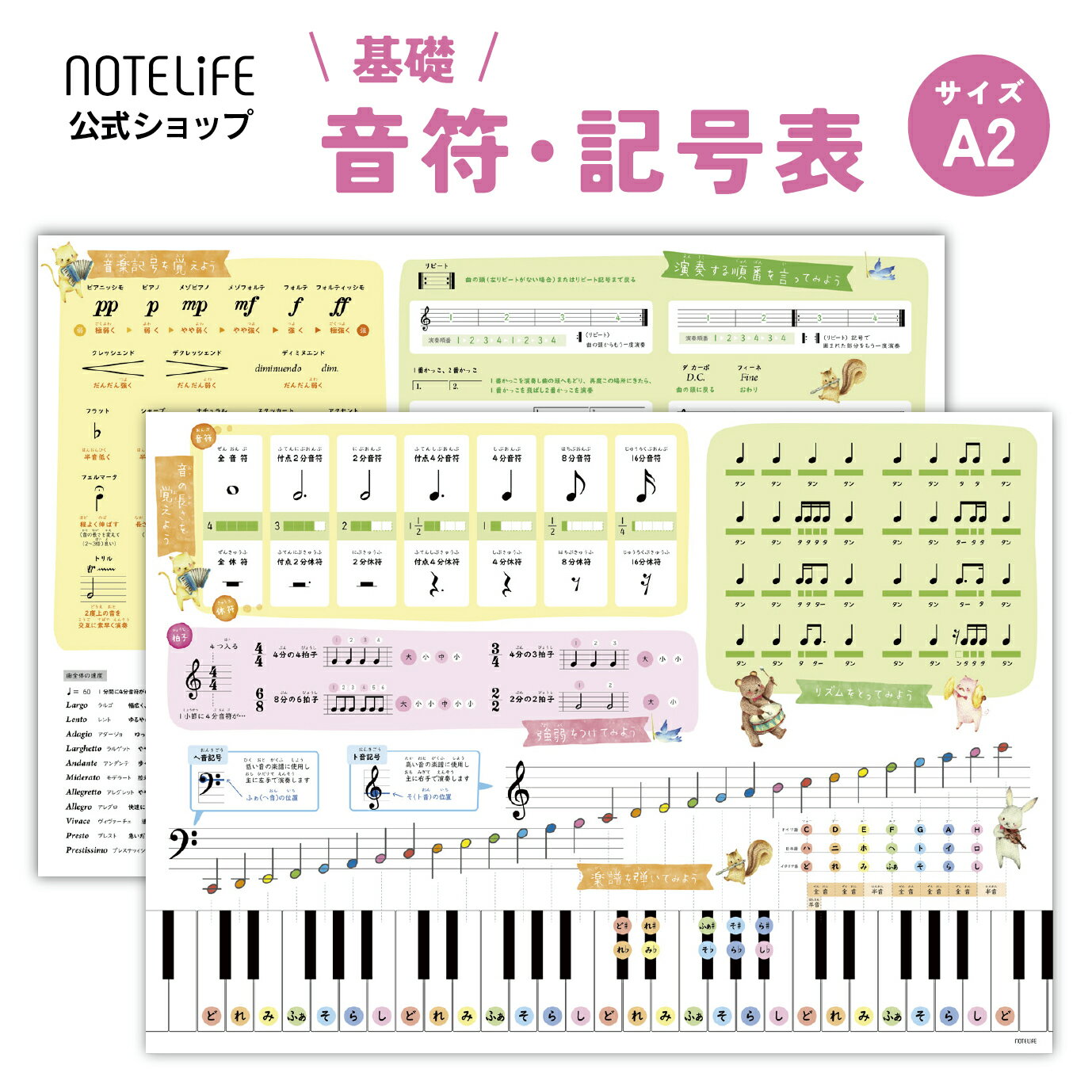 お風呂ポスター【ピアノ・音楽2枚セット】A2(59×42cm) 防水 日本製 ノートライフ レッスン表 かわいい動物 エアーピアノ ドレミ 音符 鍵盤 リズム 学習ポスター