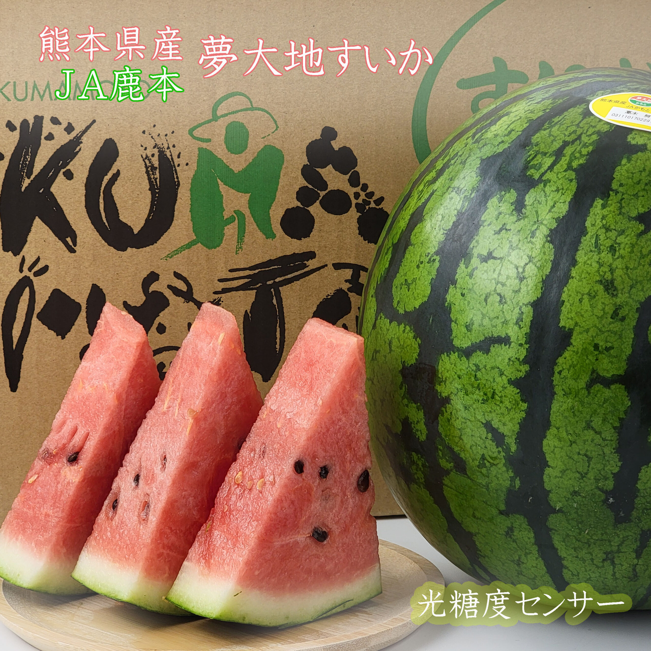 【熊本県産　JA鹿本　夢大地　西瓜】糖度11度以上　光センサーを通った熊本県産のすいかをお届けいたします。祭ばやし　植木　山鹿　玉名　上益城　今が旬