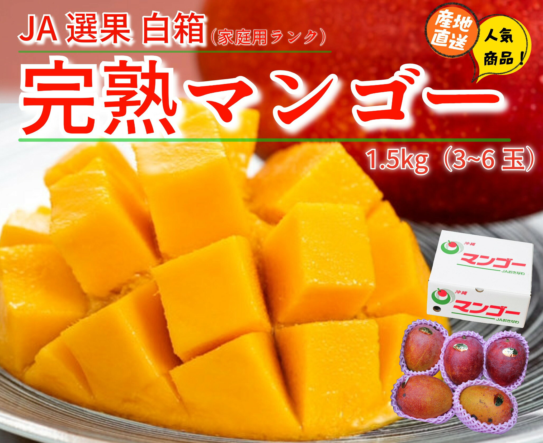 【予約商品・送料無料】完熟アップルマンゴー 約1.5kg (白箱/家庭用) JAおきなわ選果マンゴー 　発送7月初〜8月中旬