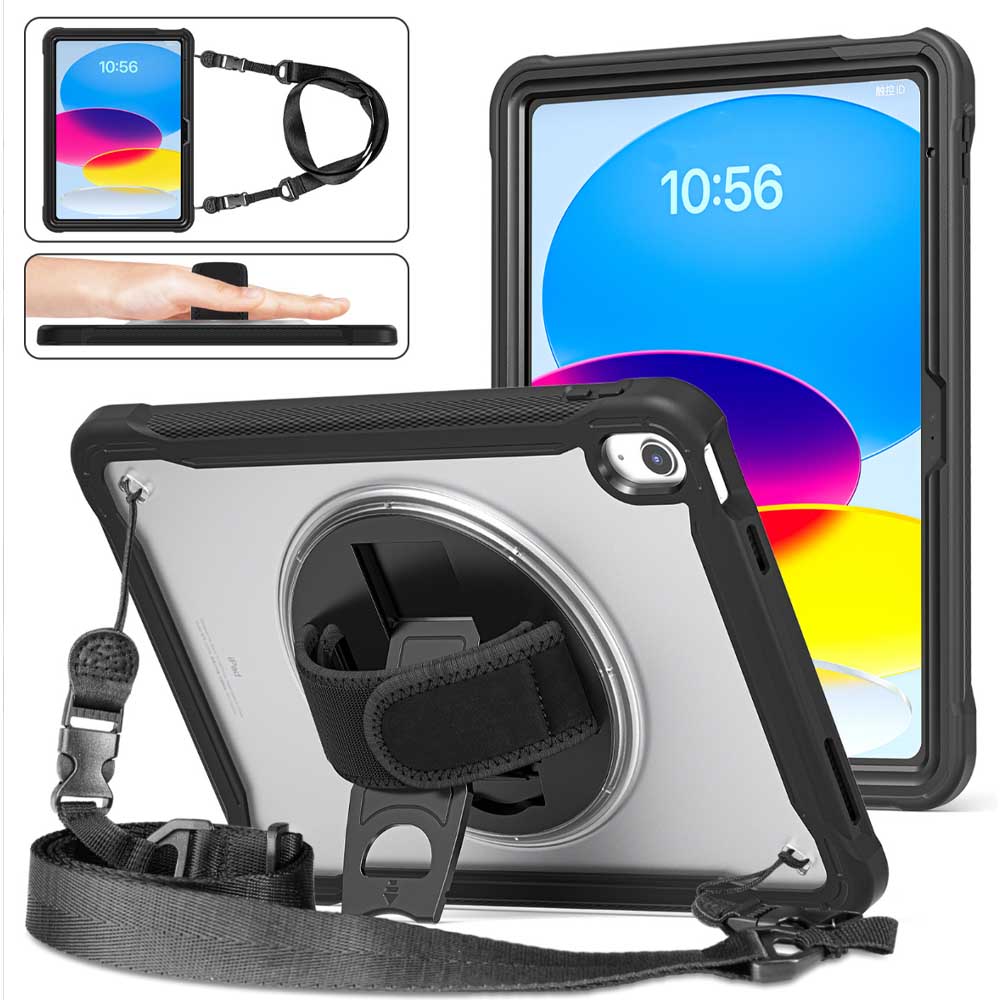 工事現場最適 iPad 第10世代 10.9インチ iPad A16 iPad air11 M2 M3 iPad air5/4/ Pro11 2/3/4通用 ケース 耐衝撃 Gフック式ハンドストラップ 360°回転スタンド ペン収納 ショルダーストラップ 前面フレーム 全面保護カバー 肩掛けストラップ付き 土砂汚れ防止