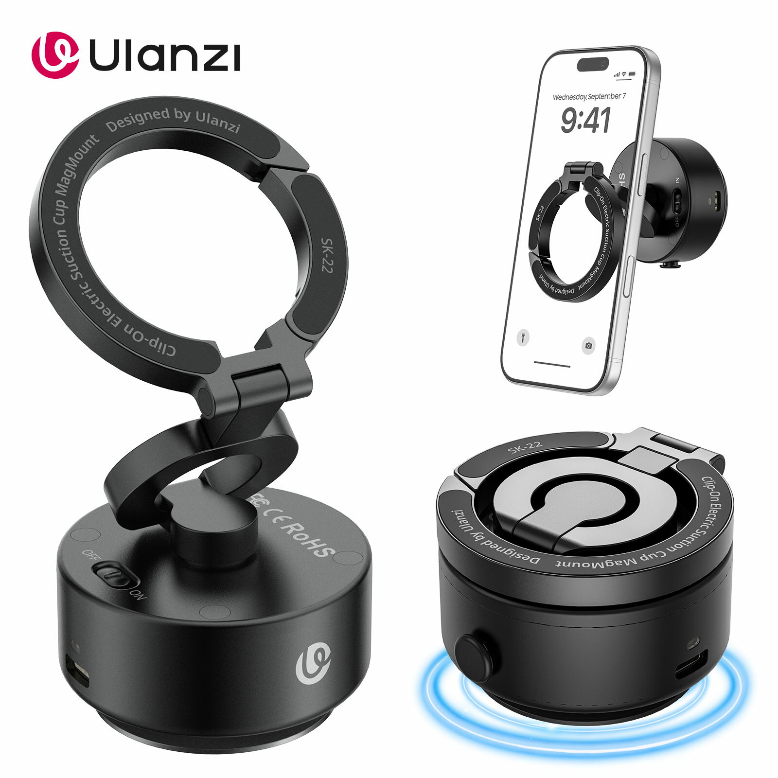 【新作15%オフ！】Ulanzi SK-22 スマホスタンド MagSafe対応 両面マグネット 電動式 吸盤スマホホルダー マウント 360度回転 ガラスに吸着 取り付け簡単 耐荷重500g 卓上/キッチン/車用 折りたたみ式 持ち運び便利 スマホホルダー iPhone 17 16 15 14 13 Pro Max Plusに対応