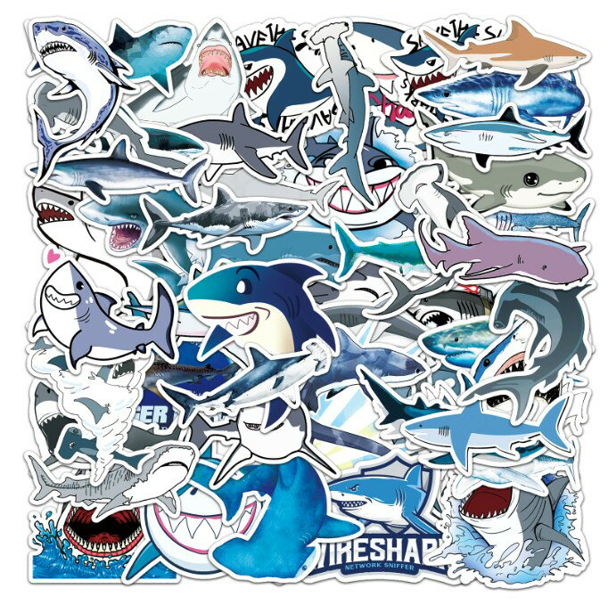 送料無料 サメ 鮫 シャーク 50枚セット ステッカー ヴィンテージシール スーツケース トランク キャリーケース バイク 自転車 車 猫 パソコン スマホ ヘルメット 旅行用品 目印 トラベル デコレーション おしゃれ ビンテージ風 ヴィンテージ風 レトロ感 かっこいい